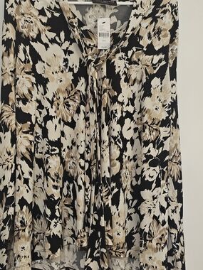 Lane Bryant Black and Cream Abstract Print Blouse, Tie Neck, Plus 14-16